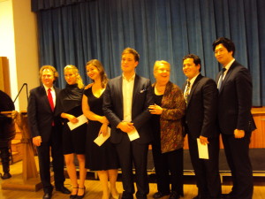 Pianist Michael Fennelly, Maya Yahav Gour, Alexa Jarvis, Sean Michael Plumb, President Jane Shaulis, Galeano Salas & Sol Jin. Photo by Judy Pantano.