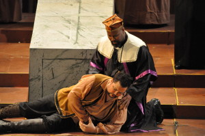 Raimondo (Isaac Grier) supports the dying Edgardo (Benjamin Sloman, left) who has stabbed himself in grief. Photo by George Schowerer 