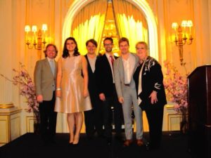 Pianist Michael Fennelly, Soprano Meryl Dominguez, Tenor Robert Watson, Baritone Shea Owens, Tenor Alasdair Kent, President Jane Shaulis Photo by Judy Pantano