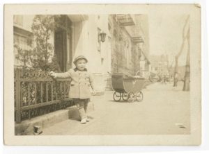 Elliott Gould with bassinet in background, in front of 6801 Bay Parkway, early-1940s. Photo courtesy of Elliott Gould